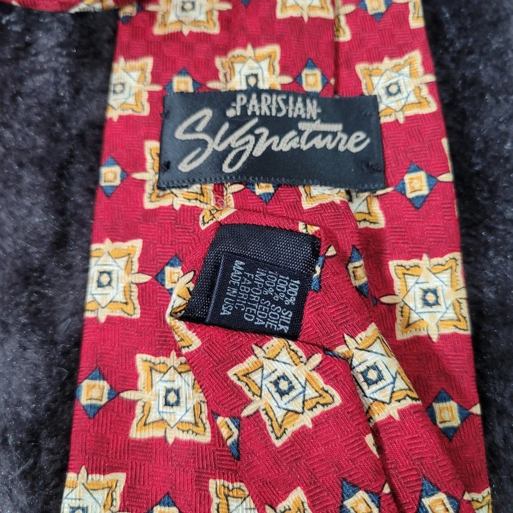 Parisian Signature Mens Red Geometric Medallion Silk Necktie Made in USA